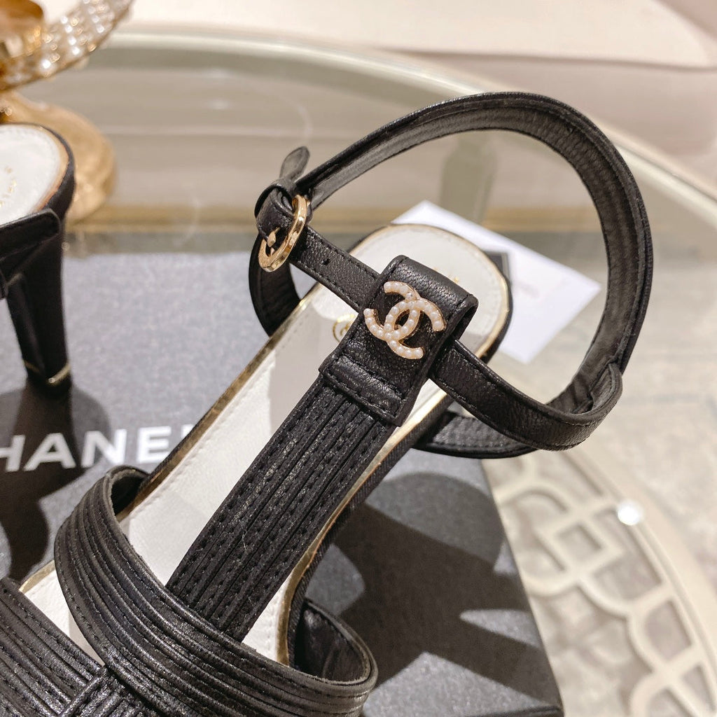 Double C  Heeled Sandals Black Lambskin