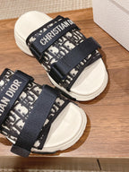 DIOR PLATFORM SLIDES 25S 30 MM IN MIDNIGHT BLUE MIX WHITE FABRIC AND CALFSKIN