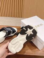 DIOR PLATFORM SLIDES 25S 30 MM IN MIDNIGHT BLUE MIX WHITE FABRIC AND CALFSKIN