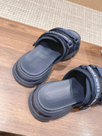 DIOR PLATFORM SLIDES 25S 30 MM IN MIDNIGHT BLUE FABRIC AND CALFSKIN