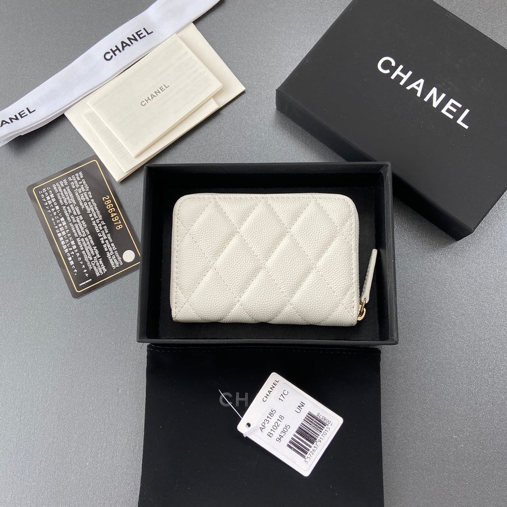 CC A3185 Zipper Coin Purse White Caviar GHW 193265