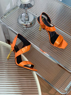 BALMAIN 25S HIGH HEEL SANDALS 95MM IN BURNT ORANGE GLOSSY CALFSKIN