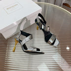 BALMAIN 25S HIGH HEEL SANDALS 95MM IN SILVER GLOSSY CALFSKIN