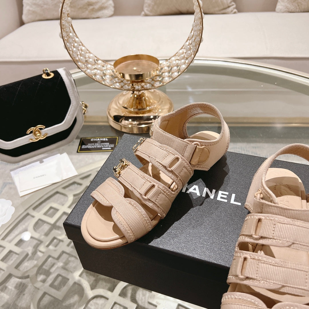 Double C  Xiaoxiang Chain Fabric Head Chunky Sandal Cream Lambskin