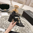Double C  Xiaoxiang Chain Fabric Head Chunky Heel Sandals Black Lambskin