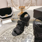 Double C  Xiaoxiang Chain Fabric Head Chunky Heel Sandals Black Lambskin