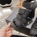 Double C  Xiaoxiang Chain Fabric Head Chunky Heel Sandals Black Lambskin