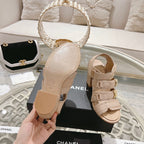 Double C  Xiaoxiang Chain Fabric Head Chunky Heel Sandals Cream Lambskin