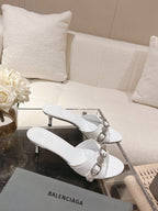 BALENCIAGA 25S HIGH-HEEL SANDALS IN WHITE COW LEATHER WITH RHINESTONE STRAP