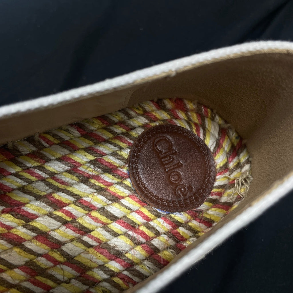 CHLOÉ WOVEN LOAFER IN WHITE DENIM AND COLORFUL RAFFIA