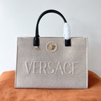 Versace Beige Denim Canvas Tote Bag 40 With Black Cowhide Handle 175561