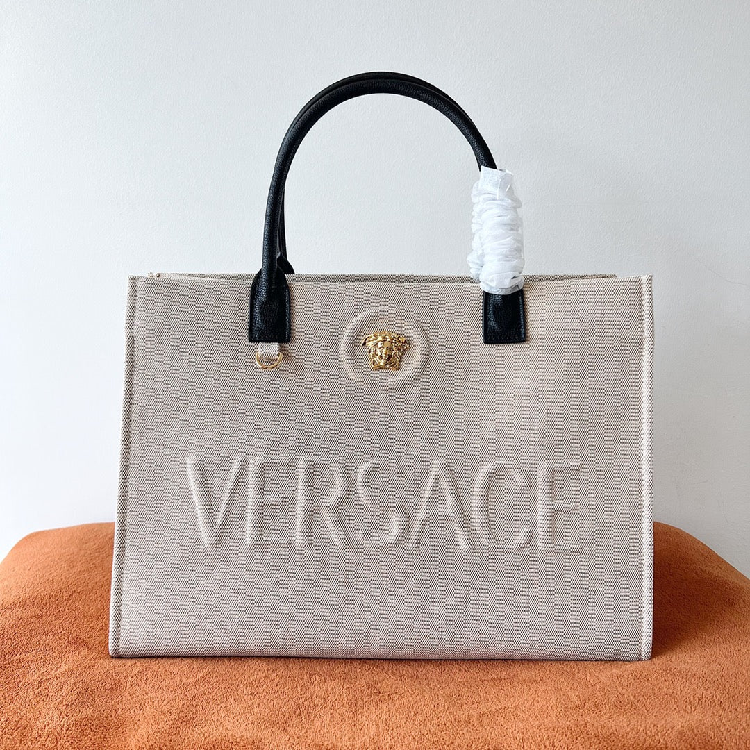 Versace Beige Denim Canvas Tote Bag 40 With Black Cowhide Handle 175561