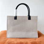 Versace Beige Denim Canvas Tote Bag 40 With Black Cowhide Handle 175561