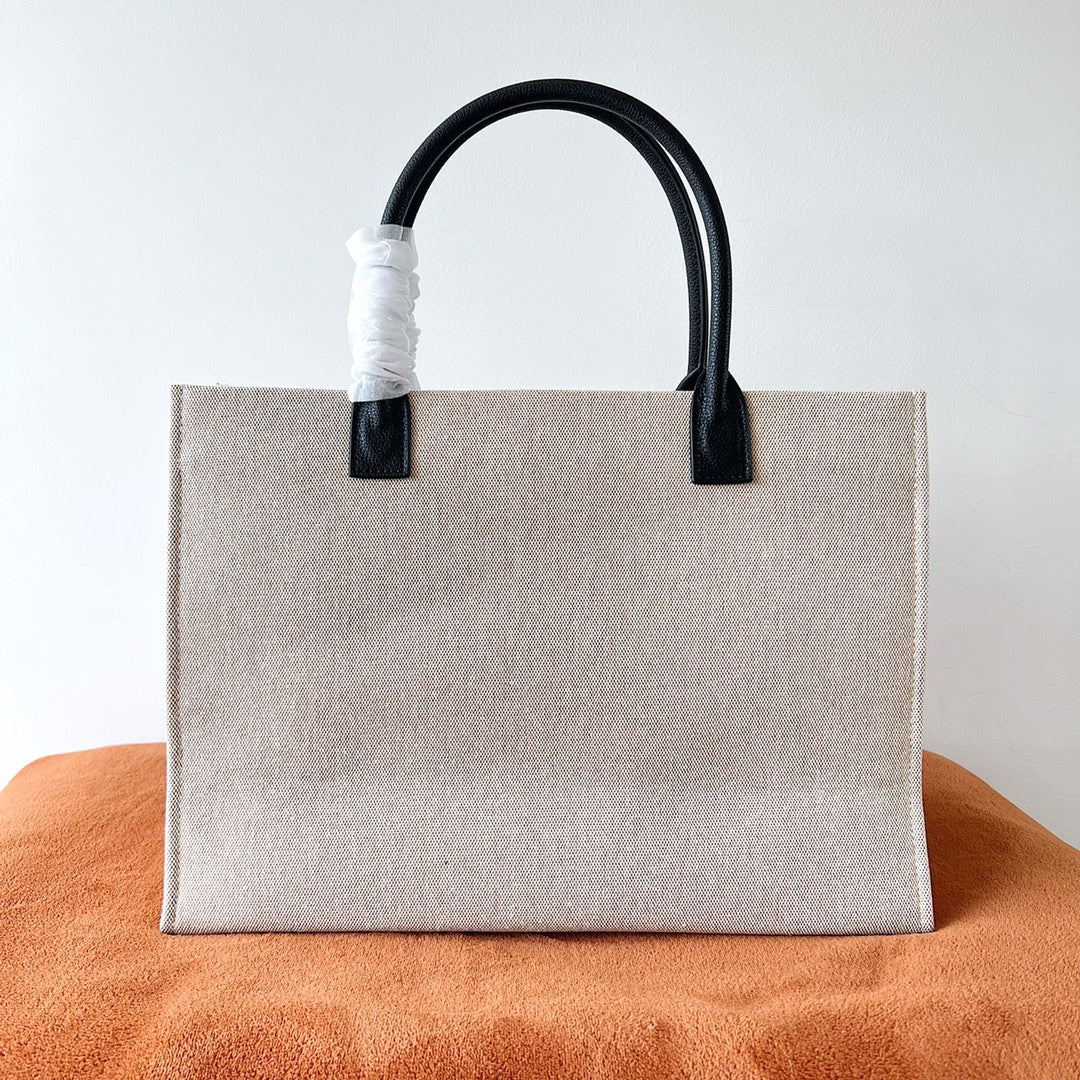 Versace Beige Denim Canvas Tote Bag 40 With Black Cowhide Handle 175561