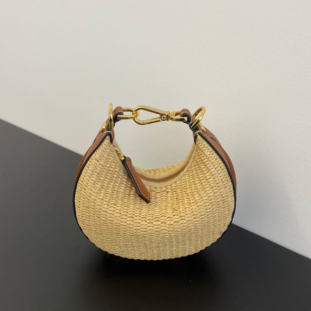 FENDIGRAPHY MINI 16 IN BEIGE STRAW AND BROWN CALFSKIN TRIM GOLD HARDWARE