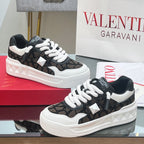 VALENTINO 25S GARAVANI ONE STUD XL PLATFORM SNEAKERS IN WHITE LAMBSKIN AND BROWN CANVAS