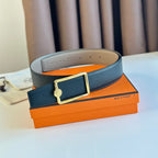 TUBE H BELT BUCKLE & REVERSIBLE KHAKI BROWN AND BLACK LEATHER STRAP 38MM GOLD HARDWARE