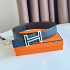 HM  BELT BUCKLE & REVERSIBLE BLACK LEATHER STRAP 38MM SILVER HARDWARE