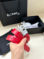 CC 30MM BELT IN CHERRY RED AND BLACK CALFSKIN WITH SILVER HARDWARE