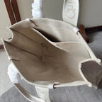 LAGRE WOODY TOTE BAG 45 IN BEIGE LINEN CANVAS WEBBING LOGO EMBROIDER COTTON WHITE CALFSKIN