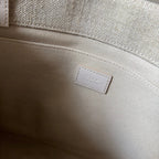 MEDIUM WOODY TOTE BAG 37 IN BEIGE LINEN CANVAS WEBBING LOGO EMBROIDER COTTON WHITE CALFSKIN