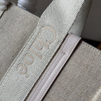 MEDIUM WOODY TOTE BAG 37 IN BEIGE LINEN CANVAS WEBBING LOGO EMBROIDER COTTON WHITE CALFSKIN