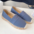 CHLOÉ LOAFER SHOES IN PIGEON BLUE DENIM AND WOVEN RAFFIA