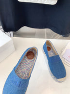 CHLOÉ LOAFER SHOES IN CERULEAN BLUE DENIM AND WOVEN RAFFIA