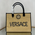 Versace Beige Raffia Tote Bag 40 With Black Cowhide Handle 175562