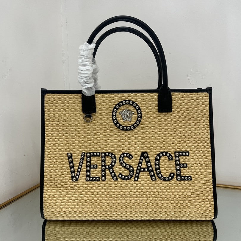 Versace Beige Raffia Tote Bag 40 With Black Cowhide Handle 175562