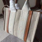 SMALL WOODY TOTE BAG 26.5 IN BEIGE LINEN CANVAS WEBBING LOGO EMBROIDERY BROWN CALFSKIN