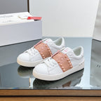 VALENTINO 25S GARAVANI ROCKSTUD UNTITLED STUDDED SNEAKERS IN WHITE MIX PINK LAMBSKIN