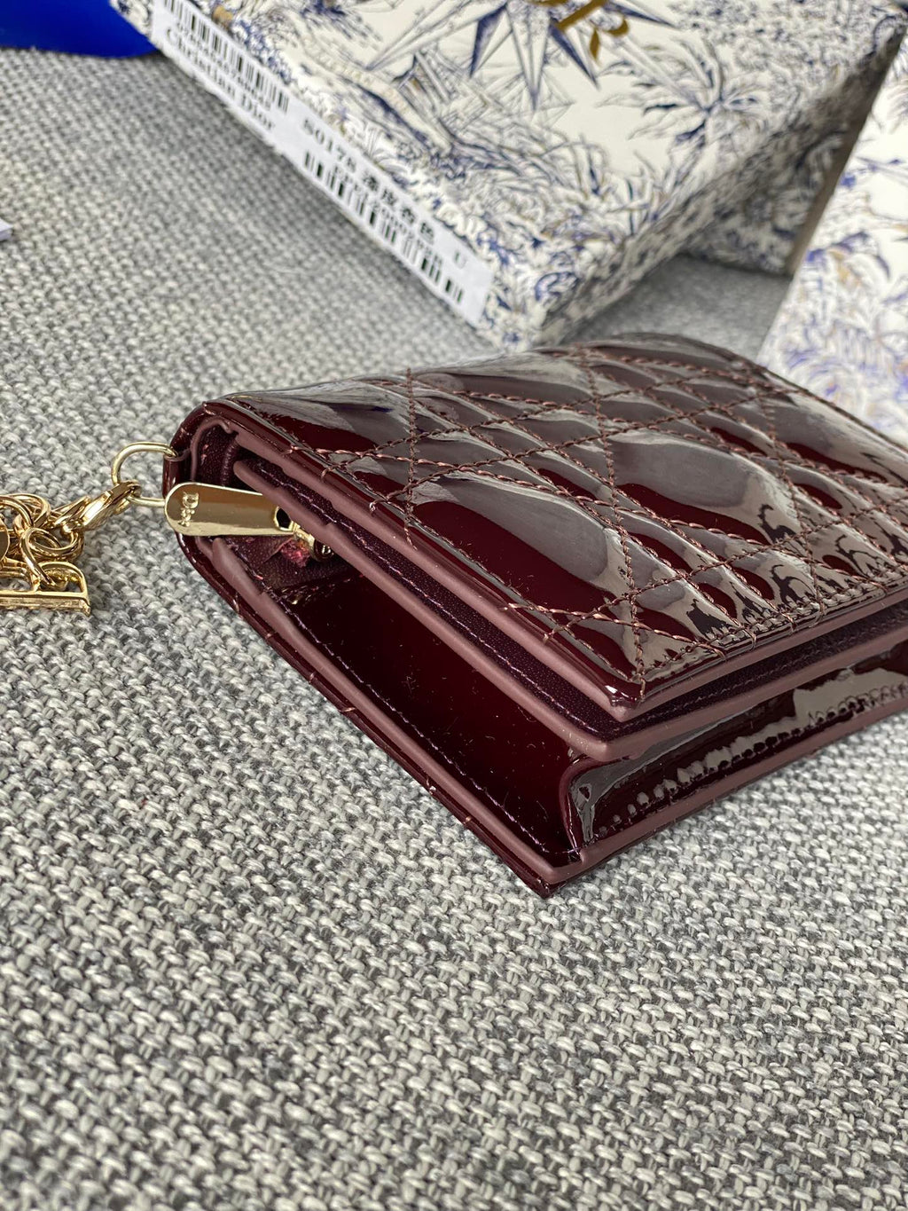 CD Caro 11cm Compact Wallet Shiny Burgundy Calfskin