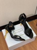 BALMAIN 25S SQUARE STRAP HIGH HEELS 100MM IN BLACK PATENT CALFSKIN
