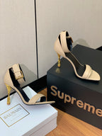 BALMAIN 25S SQUARE STRAP HIGH HEELS 100MM IN BEIGE GRAY CALFSKIN