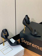 BALMAIN 25S SQUARE STRAP HIGH HEELS 100MM IN BLACK CALFSKIN