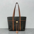 Celine Cabas Drawstring Bag Triomphe Black Brown Canvas & Calfskin