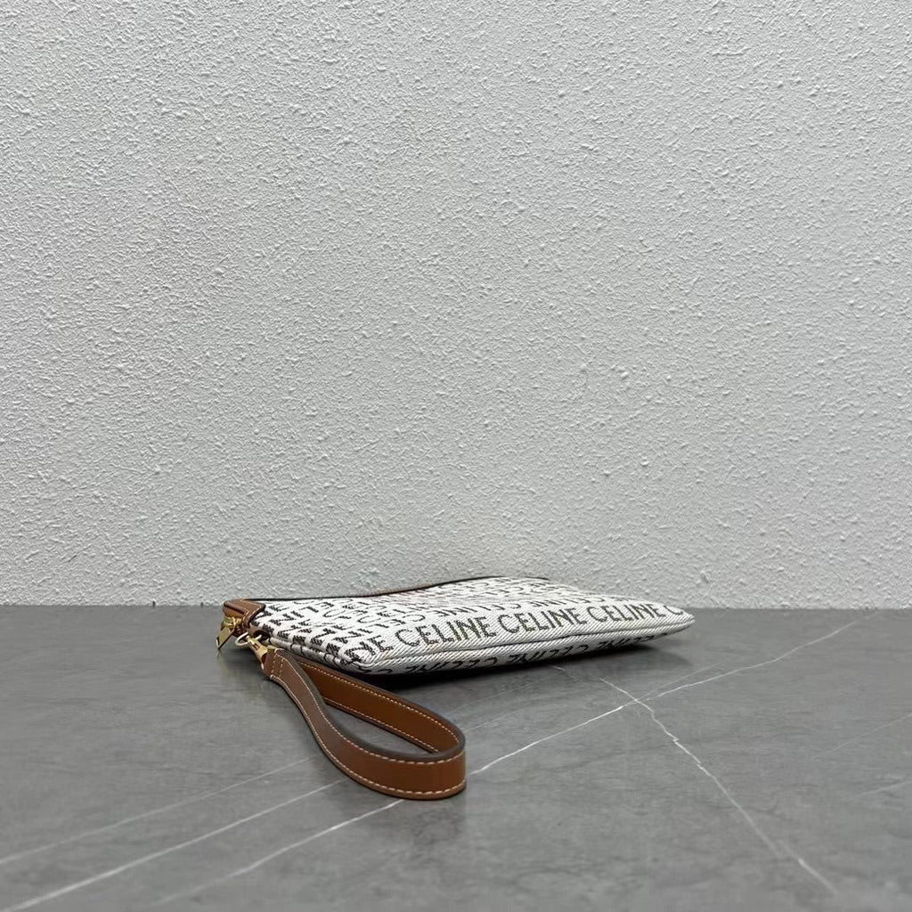 Celine Small Pouch with with Celine Print White Brown Calfskin Textile
