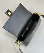 BAGUETTE 27 IN BLACK CROCODILE PATTERN GLOSSY CALFSKIN GOLD HARDWARE
