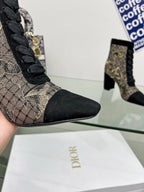 DIOR 25S NAUGHTILY-D ANKLE BOOTS 80 MM IN BLACK MESH TULLE AND SUEDE