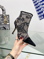 DIOR 25S POINTED-TOE ANKLE BOOTS 95 MM IN BLACK MESH TULLE AND SUEDE STYLE 1