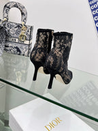 DIOR 25S POINTED-TOE ANKLE BOOTS 95 MM IN BLACK MESH TULLE AND SUEDE