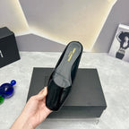 SL SQUARE TOE FLAT MULES BLACK POLISHED CALFSKIN