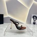 SL CRYSTAL BUCKLE HIGH HEELS BROWN SATIN
