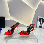 SL CRYSTAL BUCKLE HIGH HEELS RED SATIN