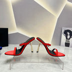 SL CRYSTAL BUCKLE HIGH HEELS RED SATIN