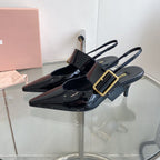 HIGH-SLINGBACK POINTED TOE SANDALS BLACK COWHIDE