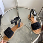 LYMPIA SANDAL IN BLACK TRIOMPHE MACCRAMÉ COTTON AND CALFSKIN
