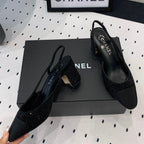 Double CC Rhinestone Slingback Sheepskin Black