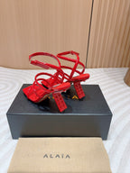 ALAIA THREE-STRAPS HIGH HEEL SANDALS IN CHERRY RED PATENT LAMBSKIN